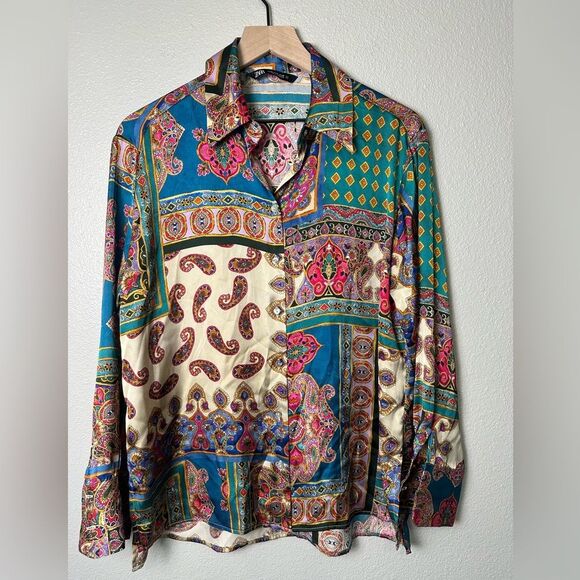 ZARA Patchwork scarf Print Satin Effect Shirt buttondown blouse boho 70’s Sz M - Picture 5 of 11